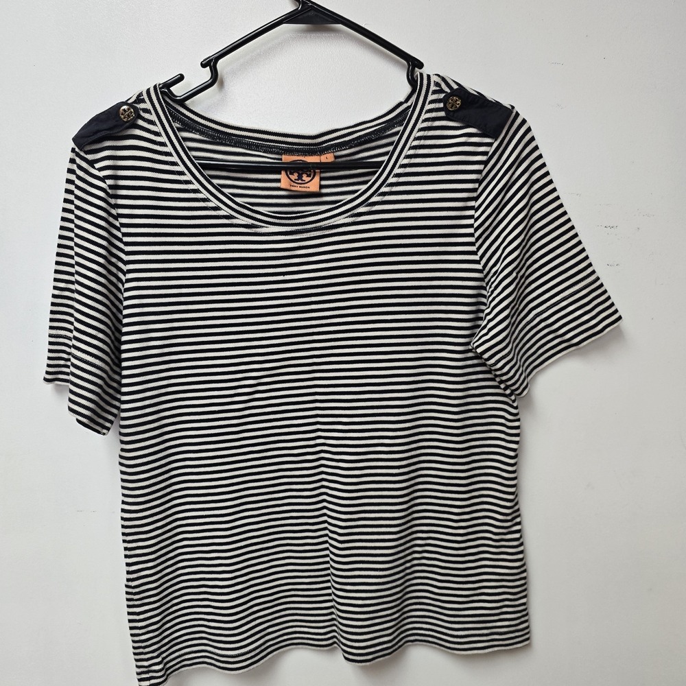 Tory Burch Top Womens Medium M Navy Blue White Striped Gold Logo Button Shoulder